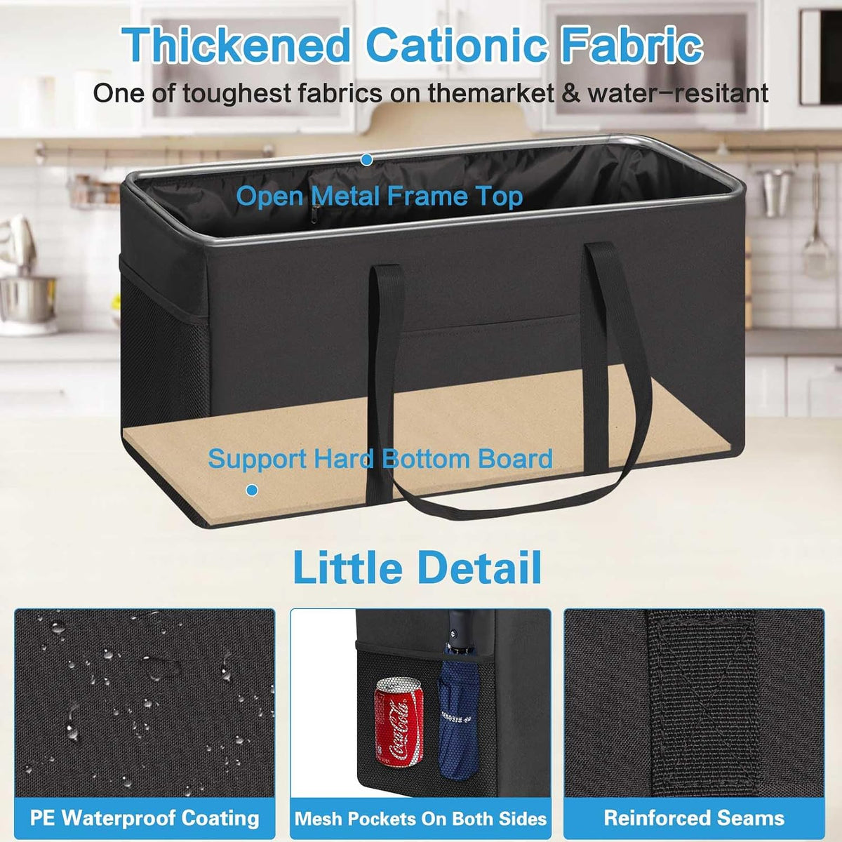 LHZK Standing Extra Large Utility Tote Bag with Metal Wire Frame and the Sides Rinforced, Extra Large Tote Bag with Handle, Reusable Grocery Bags Foldable, Beach Bag, Car Tote (Black, 26''x15''x13'')