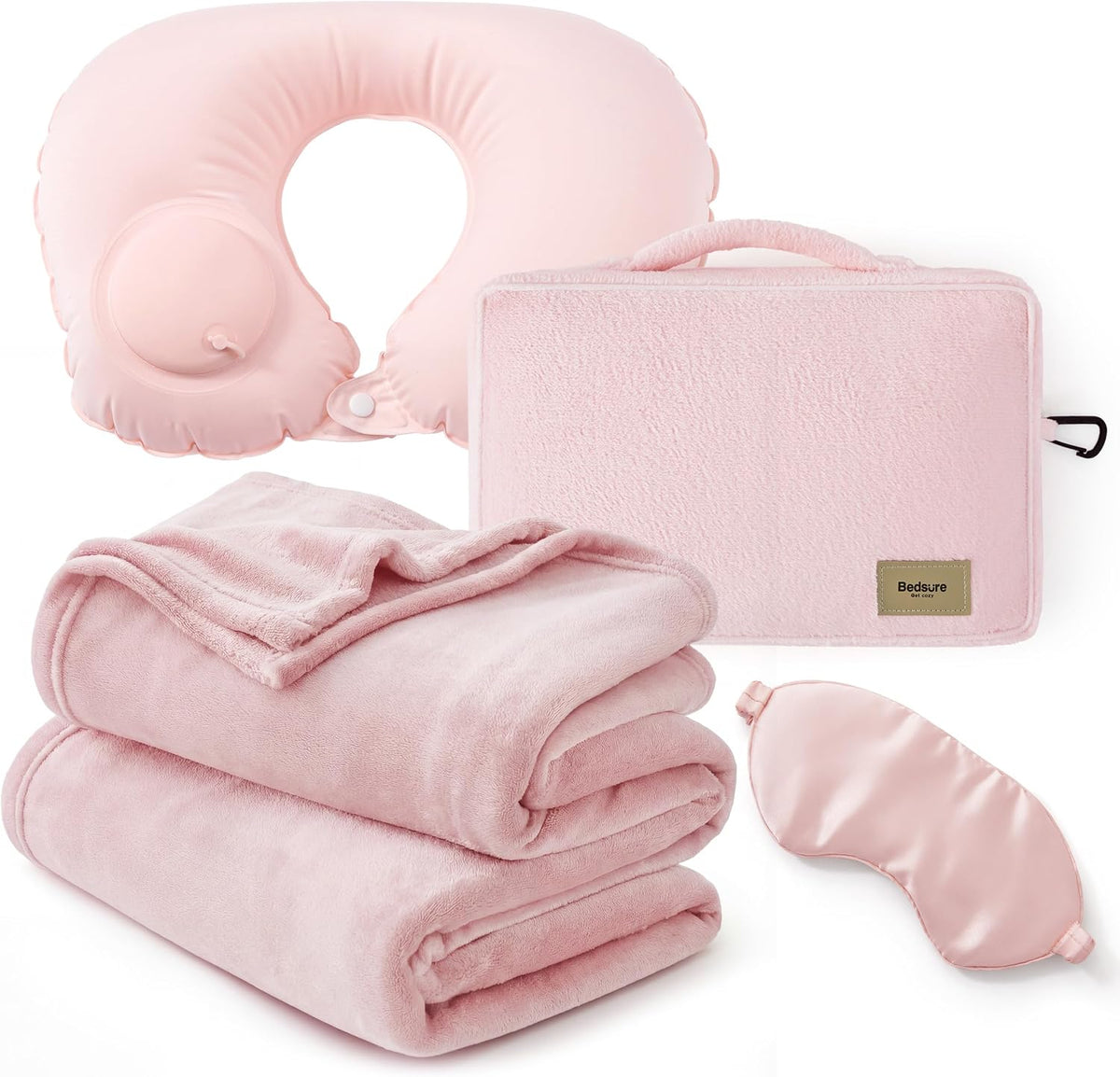 Bedsure Travel Blanket Set with Inflatable Neck Pillow and Eye Mask, Pink