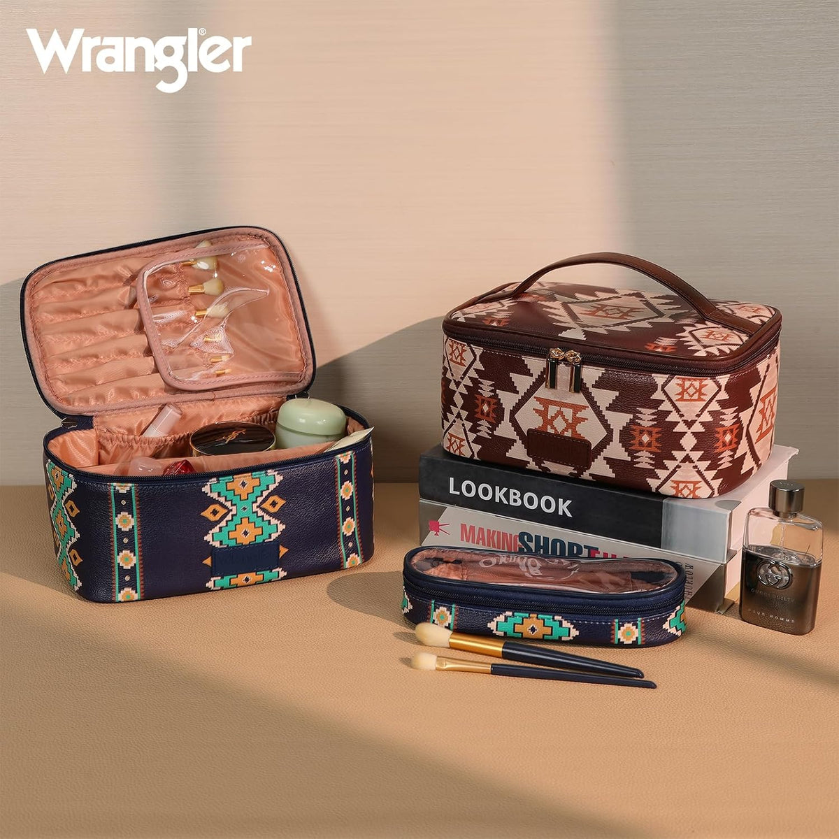 Wrangler Travel Makeup Bag 2pcs Set Cosmetic Bag with Makeup Brush Holder