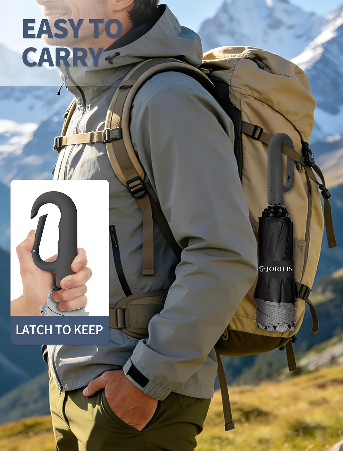 Jorilis Inverted Umbrella with Carabiner Handle, Windproof UV Sun & Rain