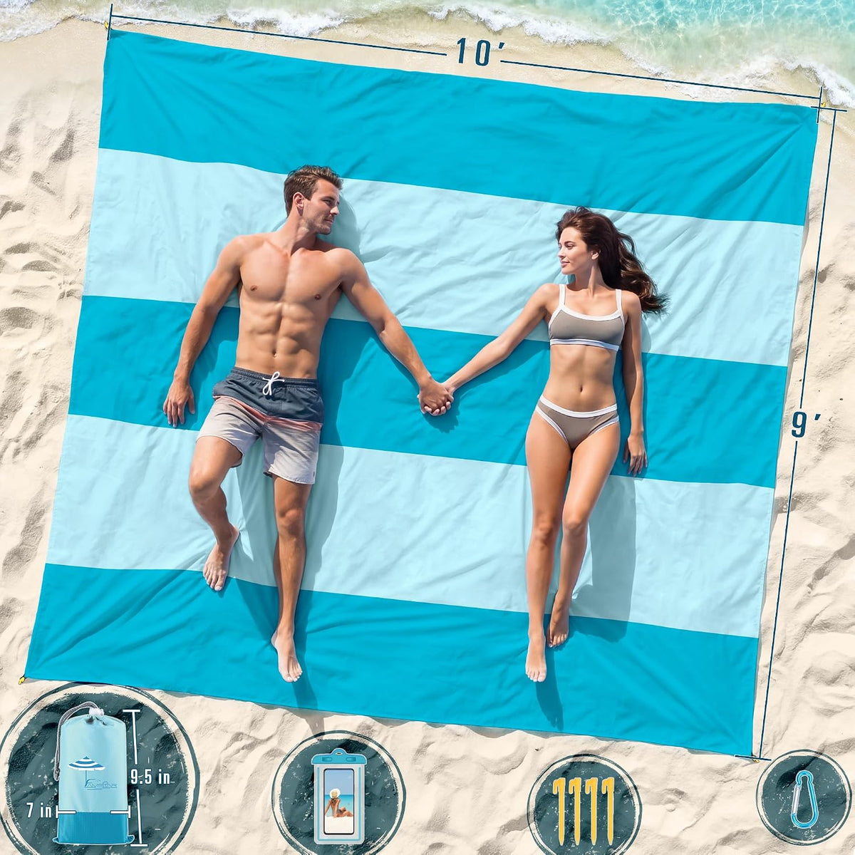 Beach Blanket Sandproof Waterproof Oversized 78"x81"/10'x9' Compact mat