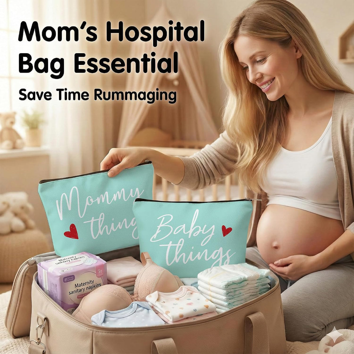 Mommy and Baby Matching Pouch Set, Mommy Things and Baby Things Bags, Gifts for New Moms Expecting Moms, Matching Travel Cases, Green Set of 2