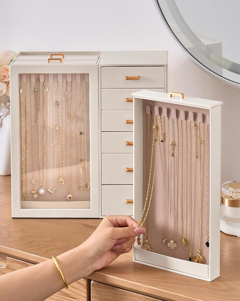 Lolalet Large Jewelry Box Organizer for Women, PU Leather Jewelry Case with Necklace Holder & Multiple Drawers, Tabletop Dresser Storage for Earrings Rings Chains, Gift for Girls -L, Beige