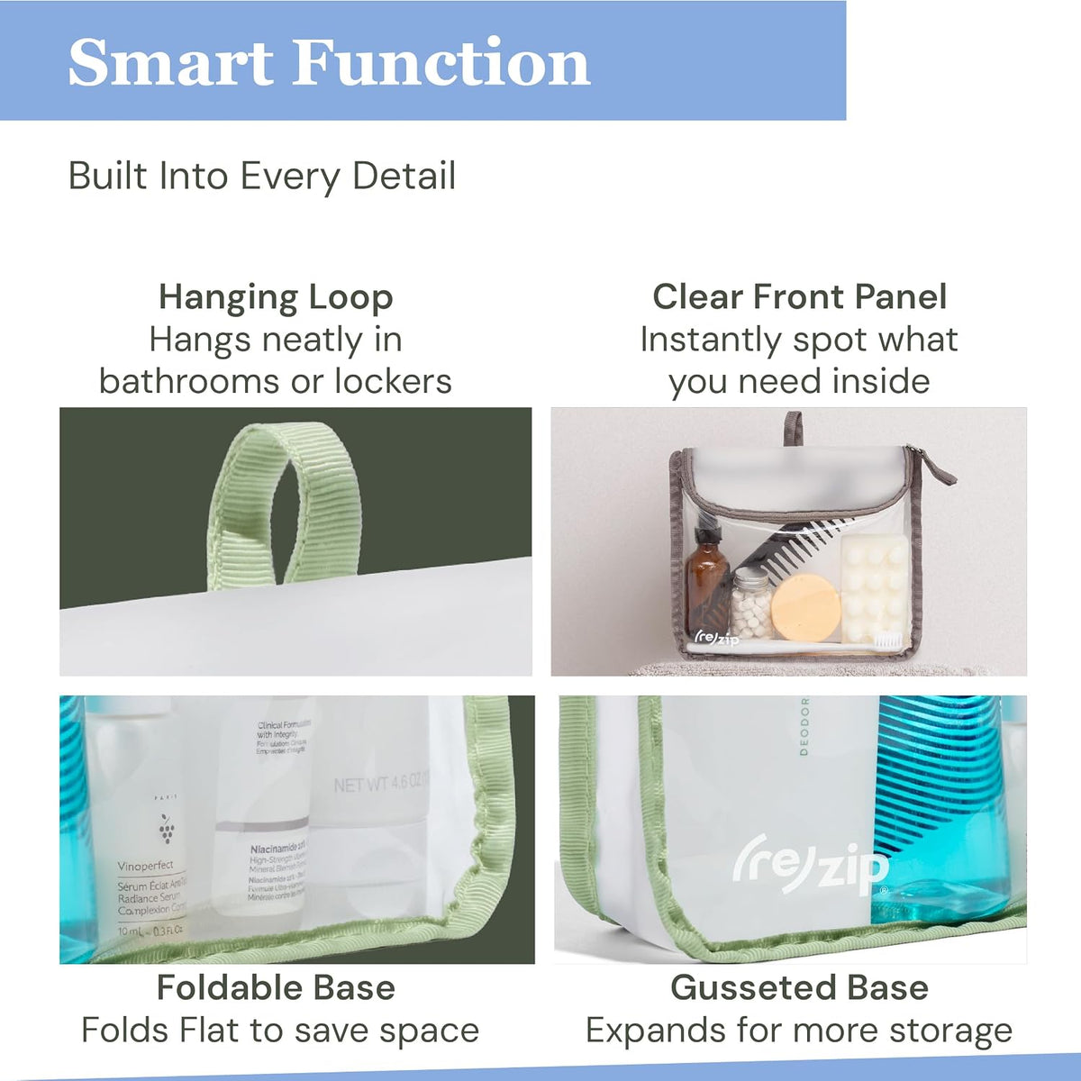 (re)zip Clear Quart Travel Toiletry & Cosmetic Bag, TSA Compliant - Sage