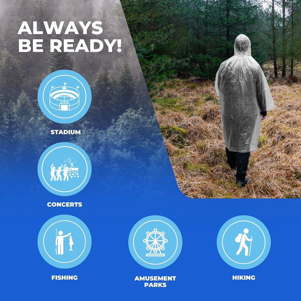 CloudTen Clear Rain Ponchos for Adults (4 Pack) | Thick and Compact Clear Disposable Rain Ponchos Family Pack - Camping Essentials and Good for Disney World Essentials