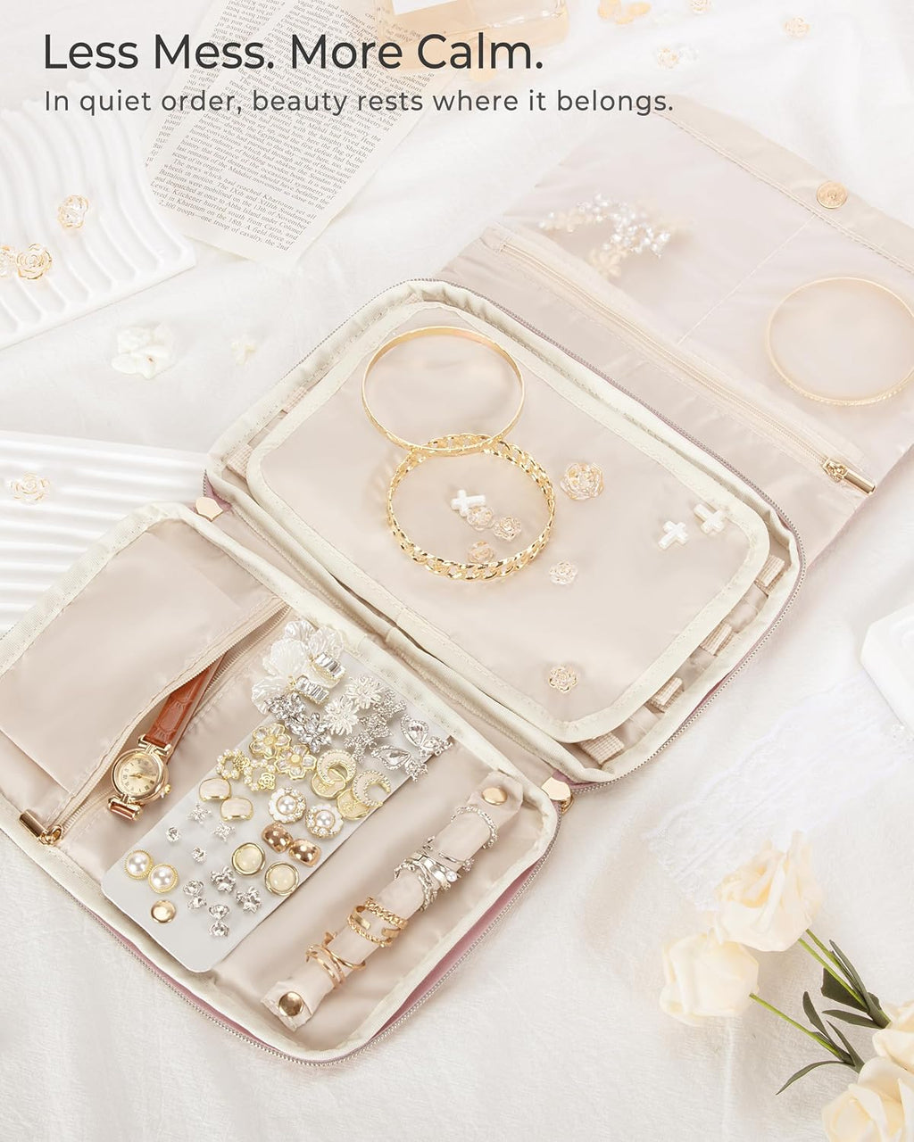 Marscamd Travel Jewelry Organizer Case, Foldable Jewelry Bag, Pink
