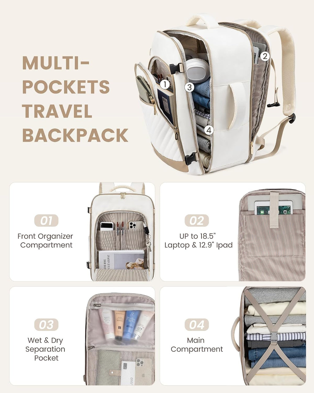 LOVEVOOK Travel Backpack For Women,50L Carry On TSA Personal Item Bag