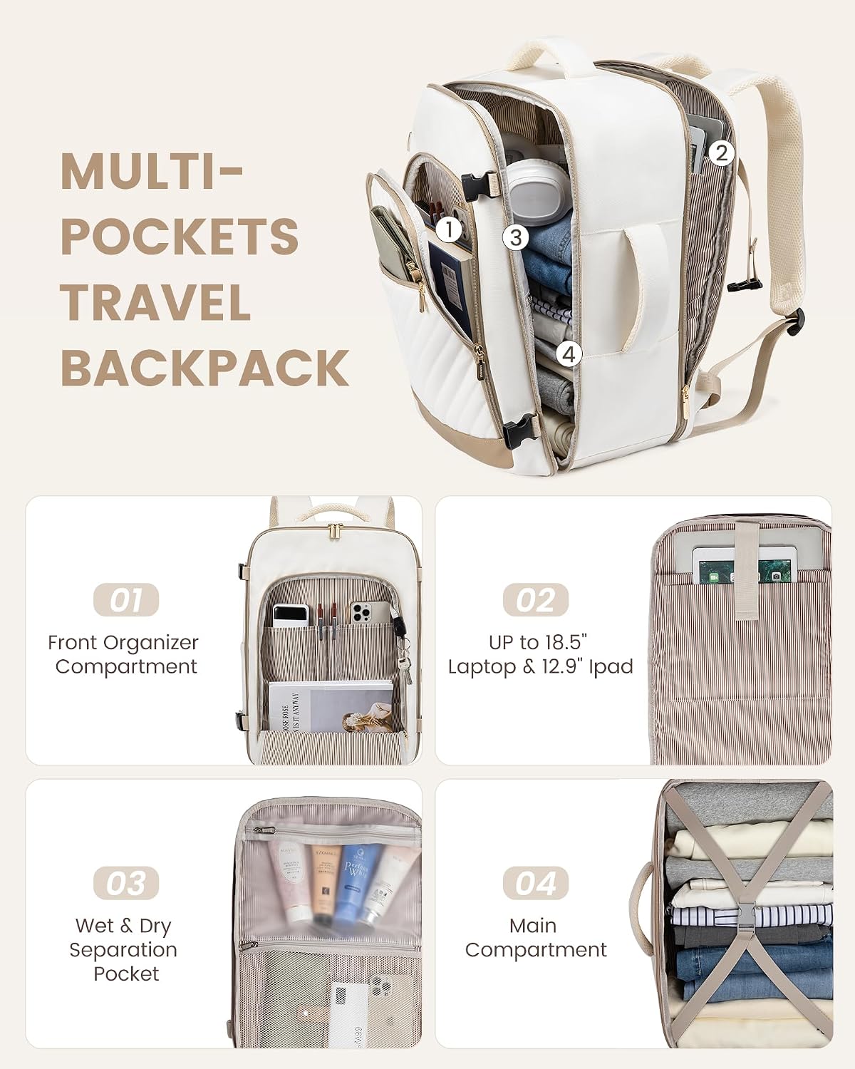 LOVEVOOK Travel Backpack For Women,50L Carry On TSA Personal Item Bag