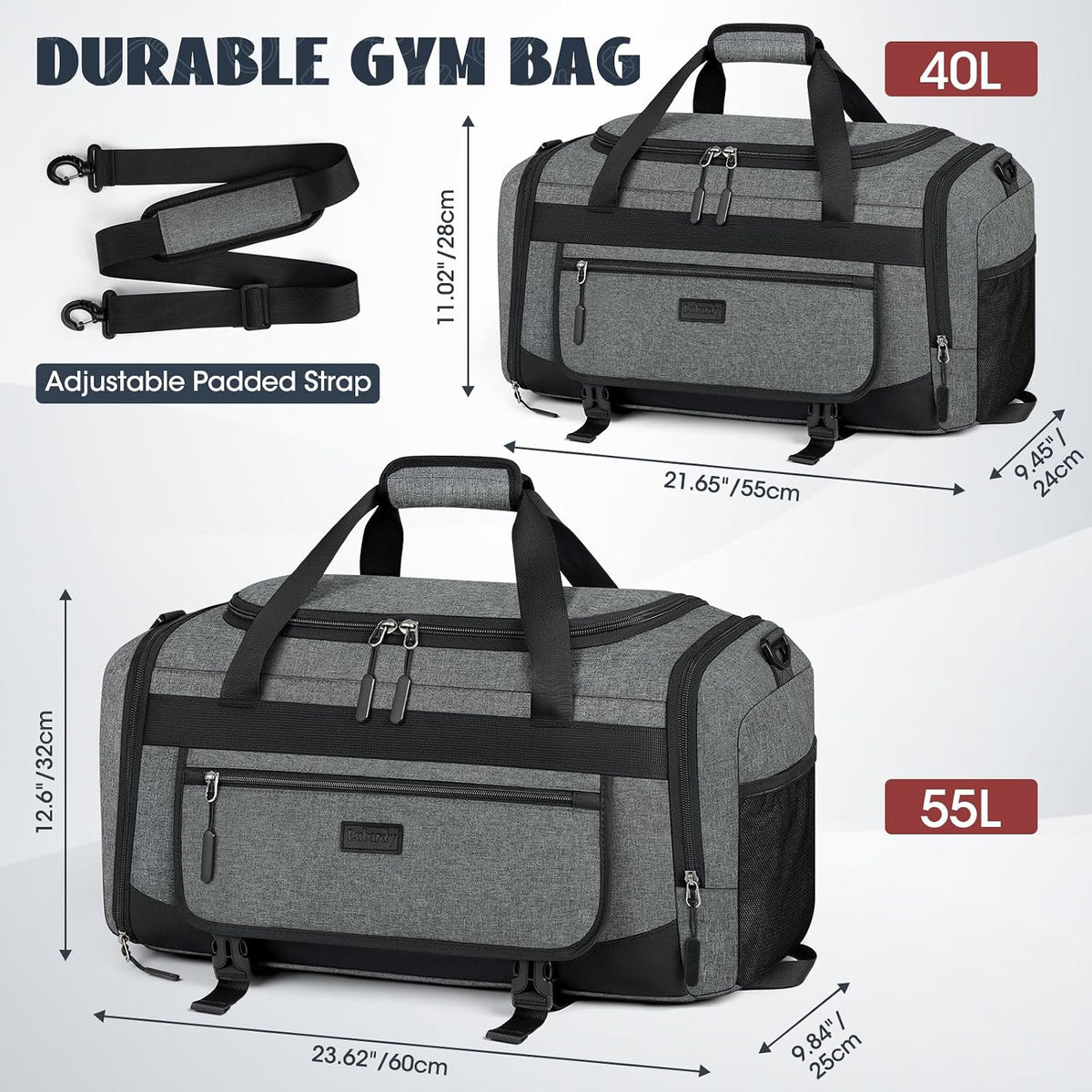 IGOLUMON Gym Bag for Men 55L Sports Duffel Bags Gym Duffle Bag Women with Shoe Compartment & Wet Pocket Water Resistant Travel Duffel Bag Lightweight Weekender Overnight Bag Gray