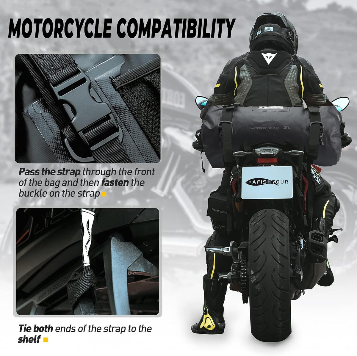 40L Waterproof Motorcycle Duffel Bag - Motorcycle Luggage Tail Bag with Straps for Back Seat - Roll Top Dry Bag for Kayaking, Rafting, Boating, Camping, Travel, Beach (Black)