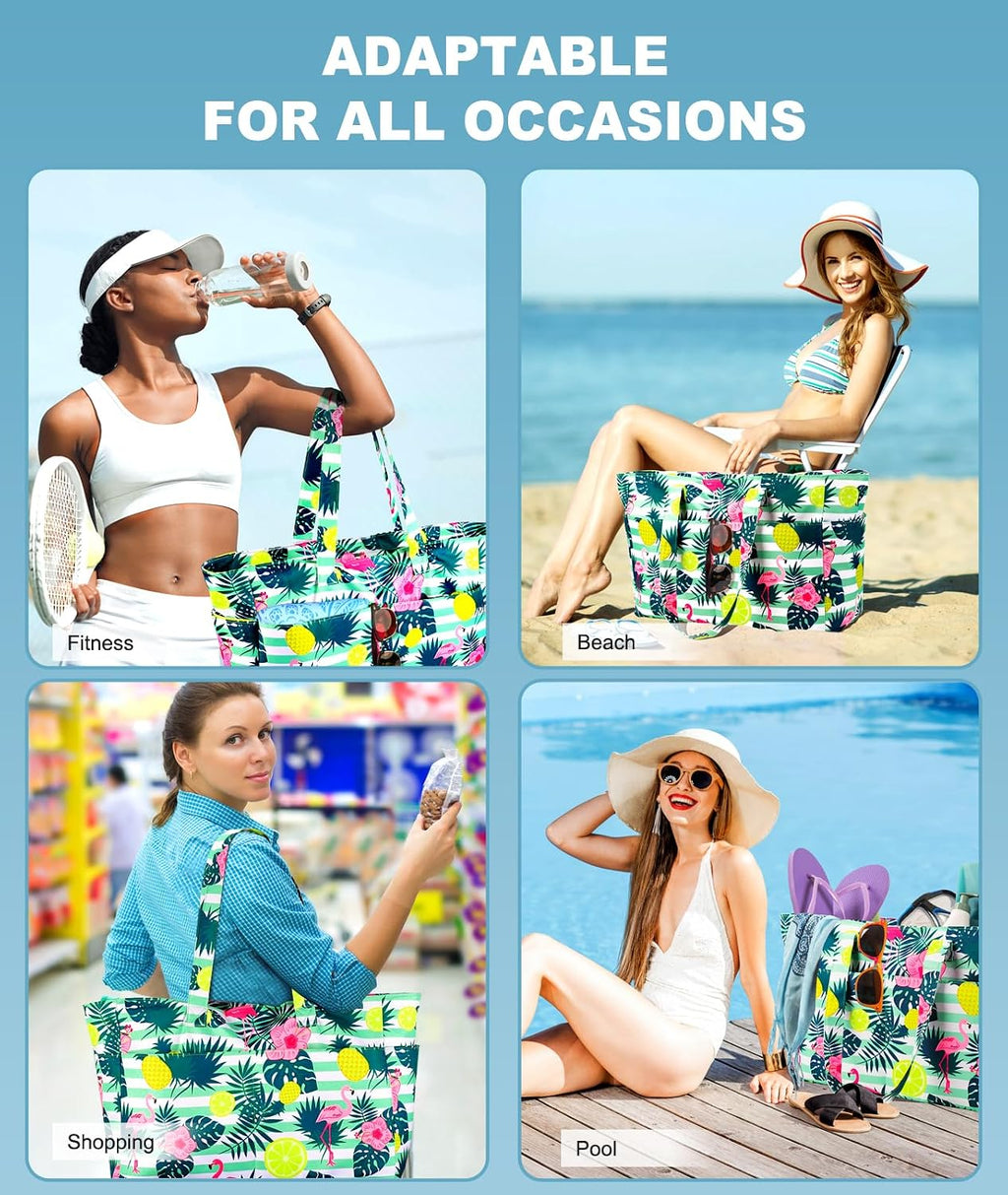 ISEYOU Extra Large Beach Bag Waterproof Beach Totes Bags for Women, Lightweight Foldable Pool Bag with Zipper Wet Compartment