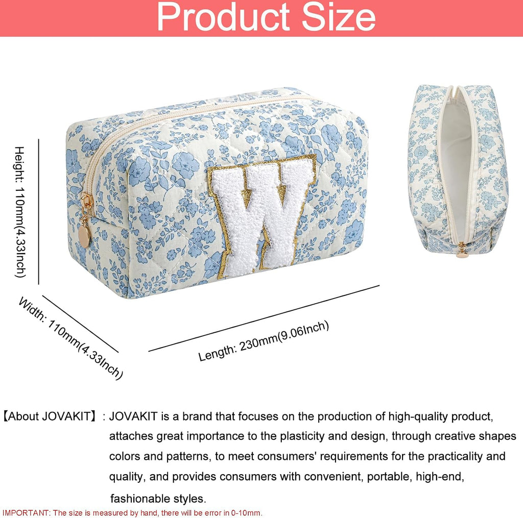 JOVAKIT Alphabet Makeup Bag Cosmetic Bag for Women, Christmas Gifts for Girls Age 6-18, Floral Flowers Coquette Travel Toiletry Zipper Make Up Pouch Organizer Trendy Stuff (Blue Floral W)