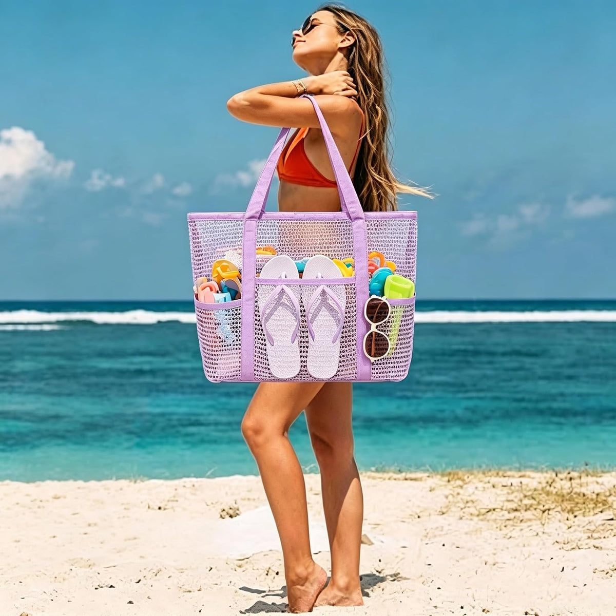 KELMALL XL Mesh Beach Tote, Sandproof Quick Dry Pool Vacation Bag