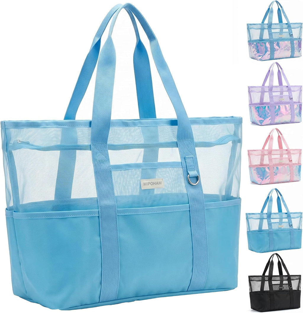 Iridescent Mesh Beach Bag with Zipper, 14 Pockets Large Beach Tote Bag