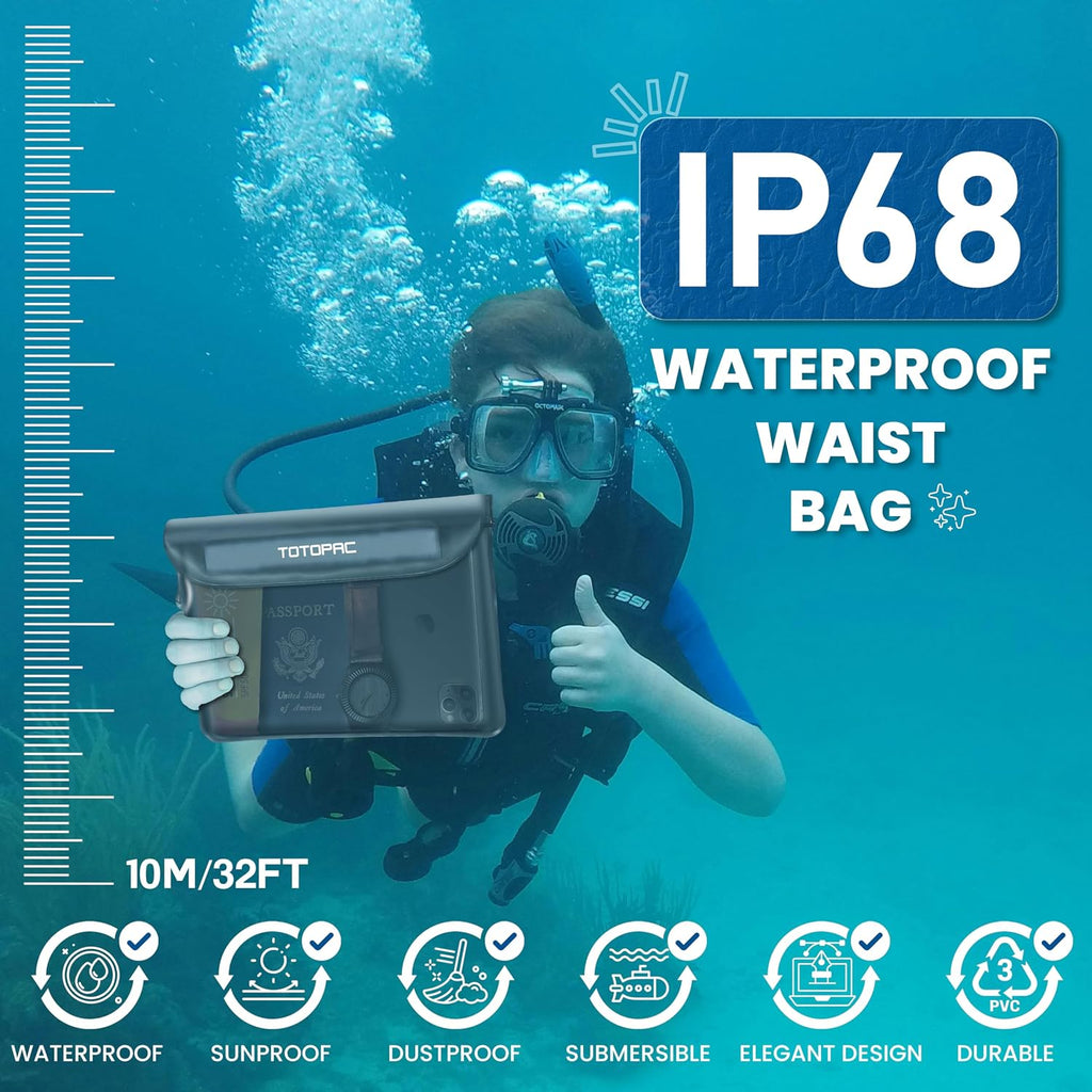 2-Pack Waterproof Fanny Pack, Phone Pouch with Waist Strap, 9x6.7 Inch Dry Bag for Phone, Cash, and Valuables – for Swimming, Kayaking, Boating, Snorkeling, and Water Sports (2, Grey + Blue)