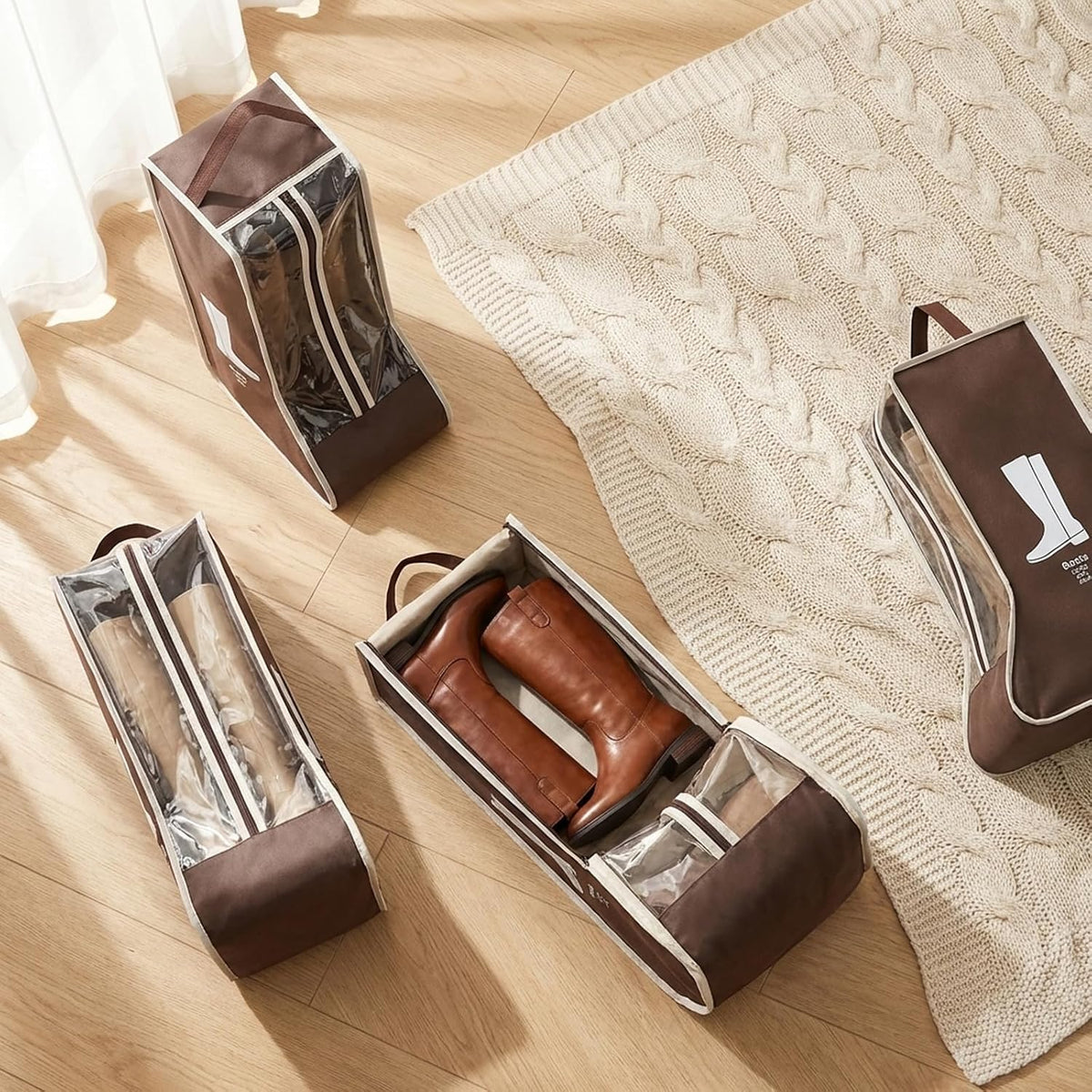 Tall Boot Storage Bag Organizer for Closet and Travel, Portable Dustproof Bags for Cowboy (2 Pcs Dark Brown Long Boot)