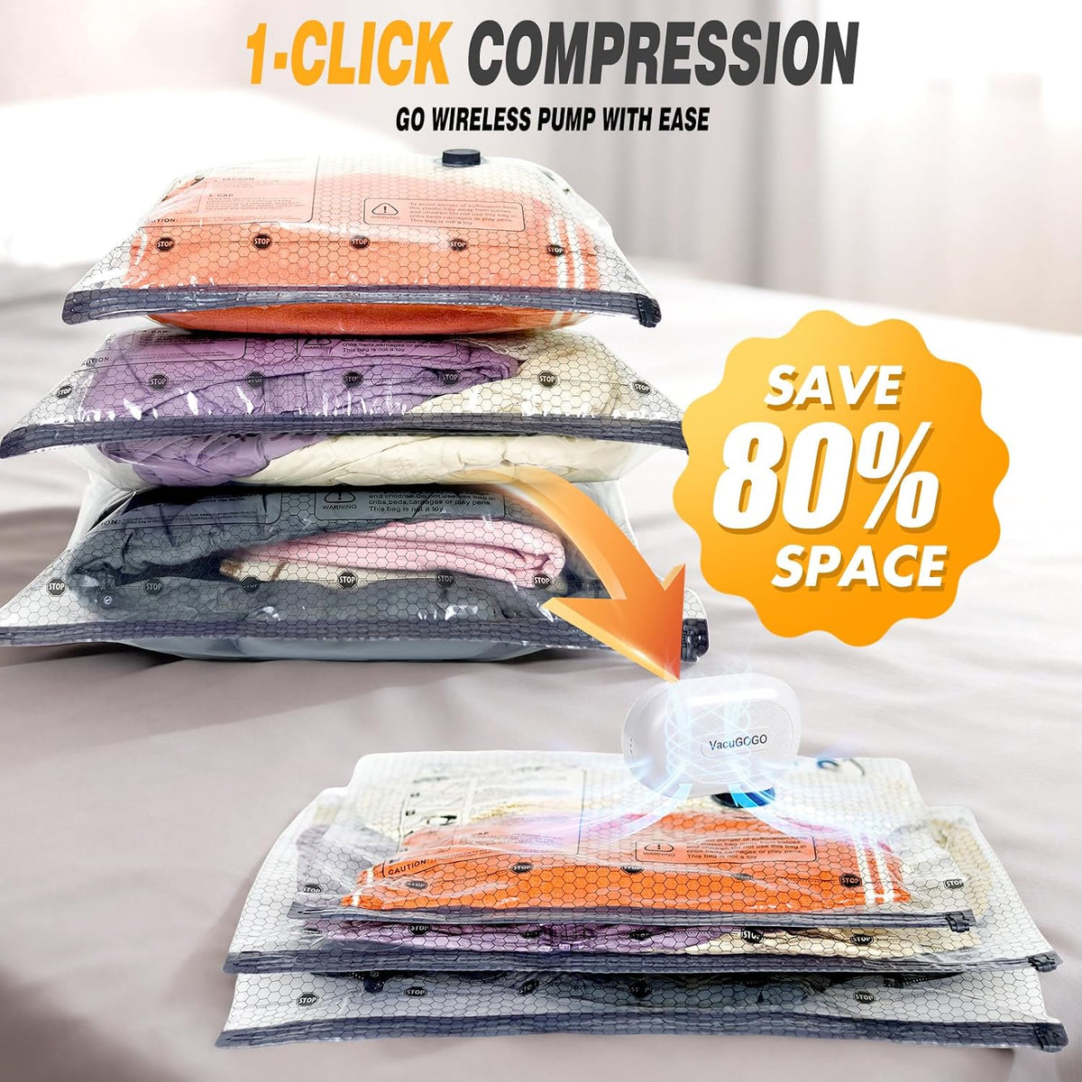 Vacuum Bags for Travel with Rechargeable Pump, 15 Pack Compression Packing Bags with 35KPA Electric Pump, 80% Space Saver for Clothes, Vacuum Seal Bags fo Carry-on Luggage Suitcase