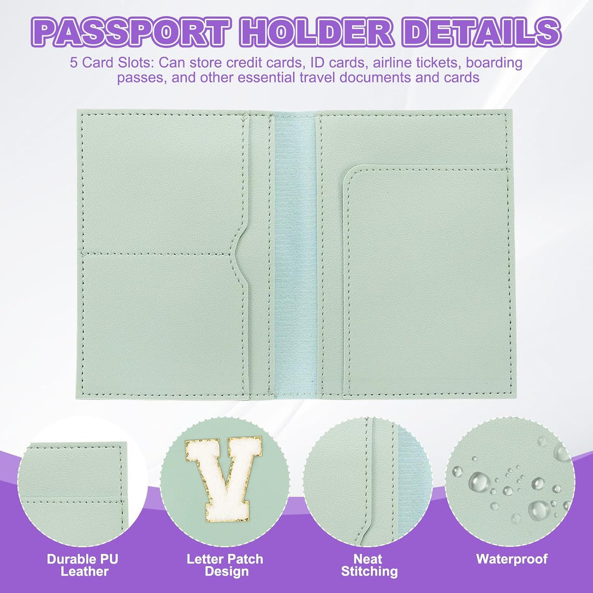 PATIKIL Passport Holder for Travel, Initial Passport Cover and Luggage Tag Set with Alphabet Chenille Letter Patch Travel Wallet Bag Suitcase Identifier for Women Family Travel Green V