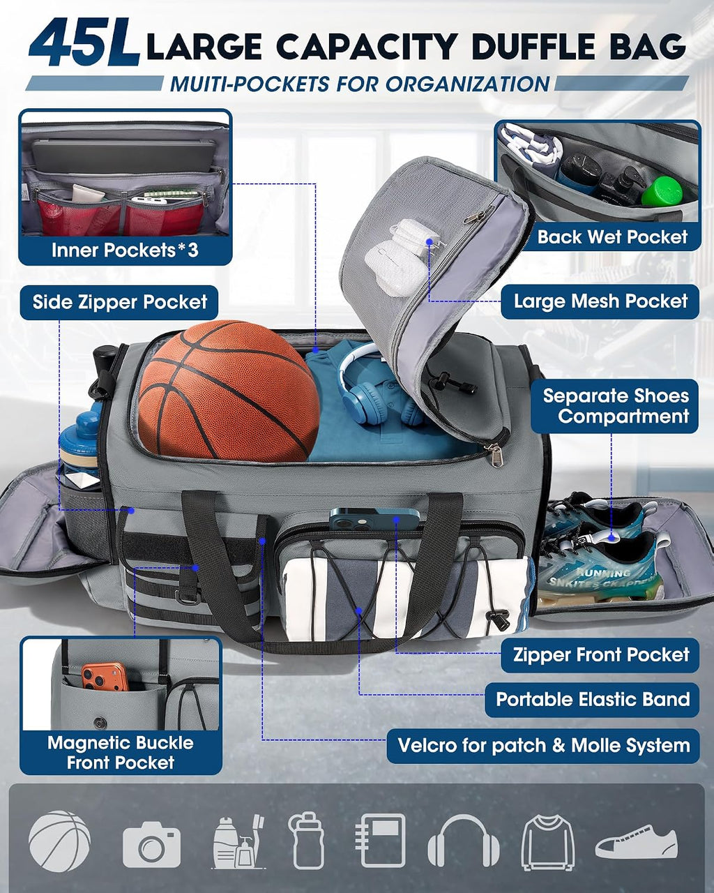 SDYSM Gym Bag for Men 45L, 3-in-1 Sports Duffel Bag with Shoe Compartment