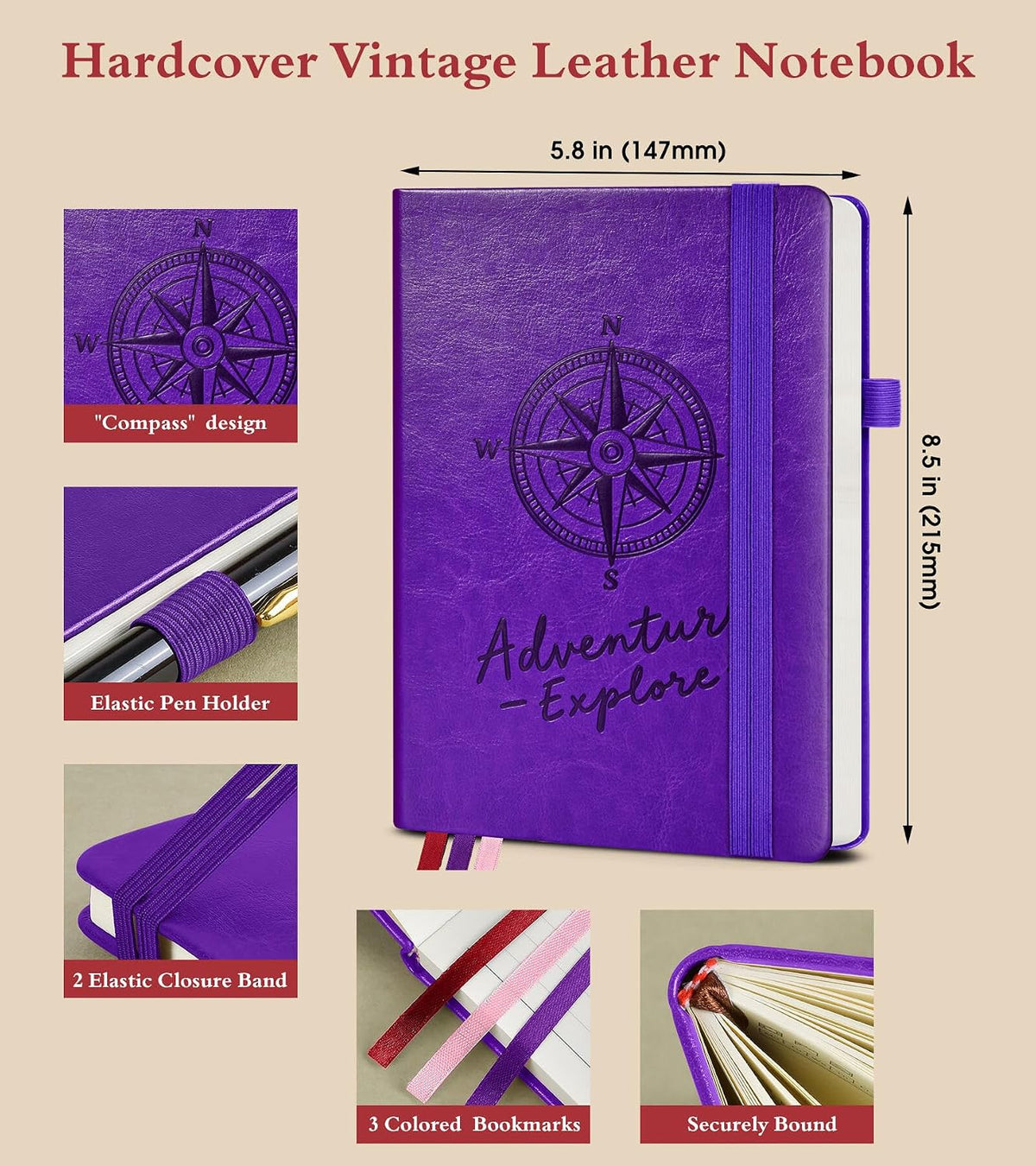 PAIBAS A5 Lined Journal, Leather Bound Notebook for Work & Travel 5.8"×8.5"