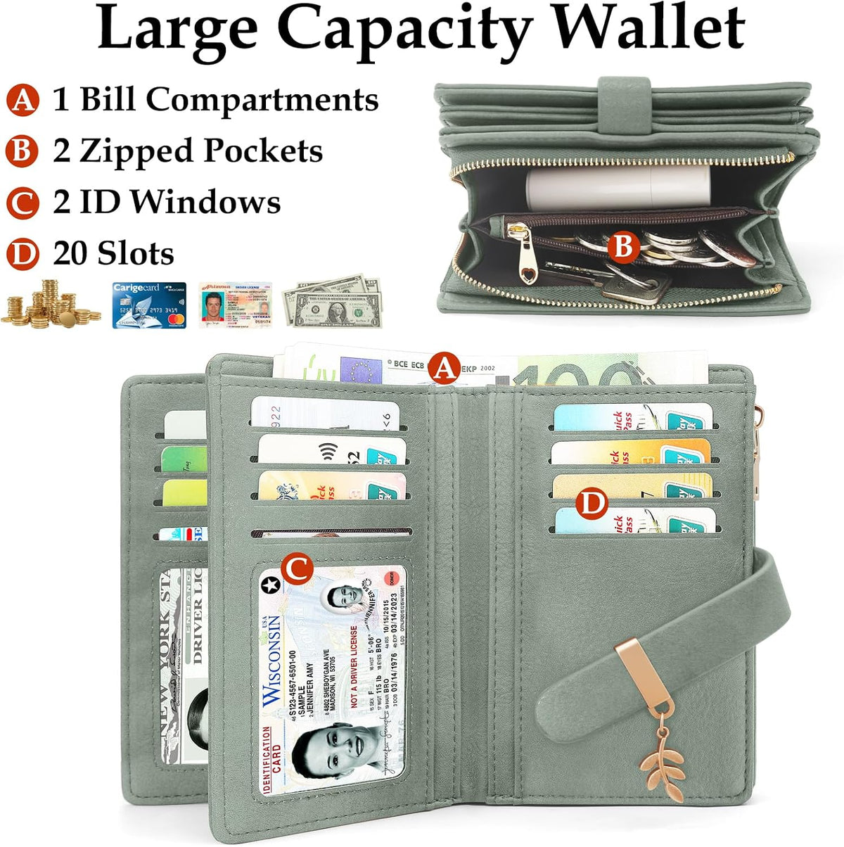 RFID Blocking Trifold Wallet for Women PU Leather Credit Card Holder Green