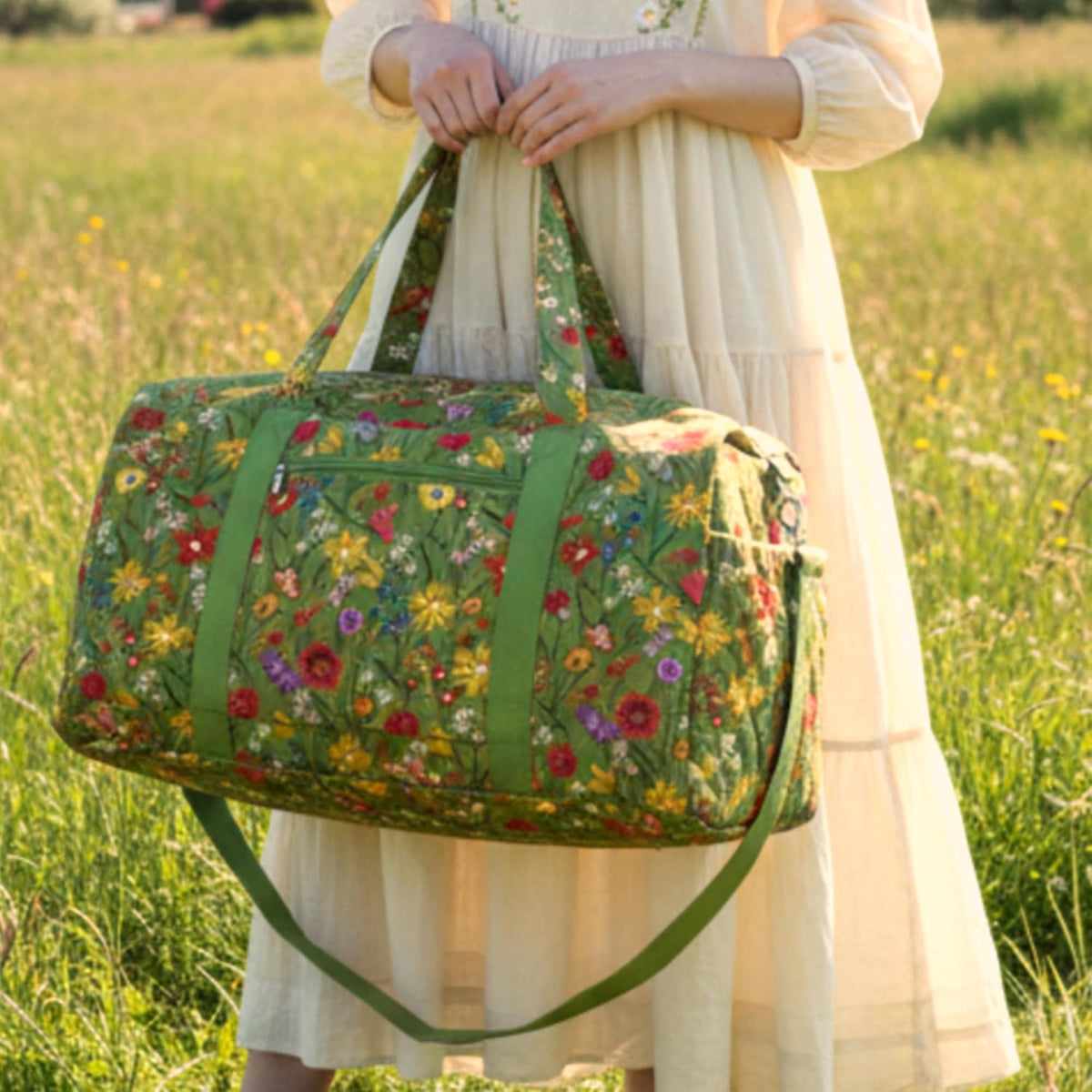 Large Quilted Travel Duffle Bag for Women, Yellow Green Grassland