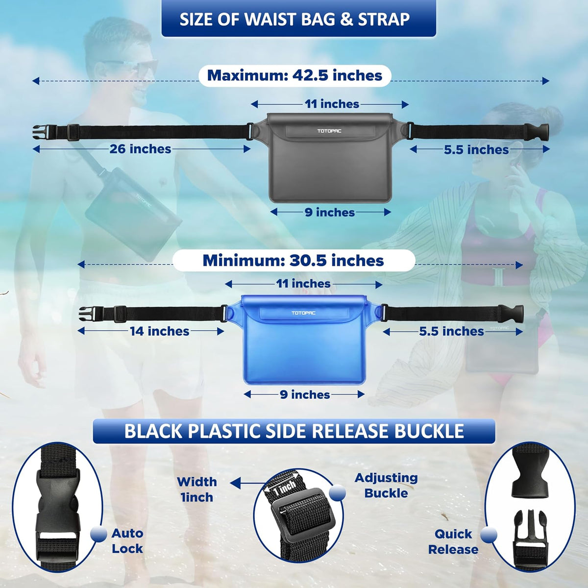 2-Pack Waterproof Fanny Pack, Phone Pouch with Waist Strap, 9x6.7 Inch Dry Bag for Phone, Cash, and Valuables – for Swimming, Kayaking, Boating, Snorkeling, and Water Sports (2, Grey + Blue)