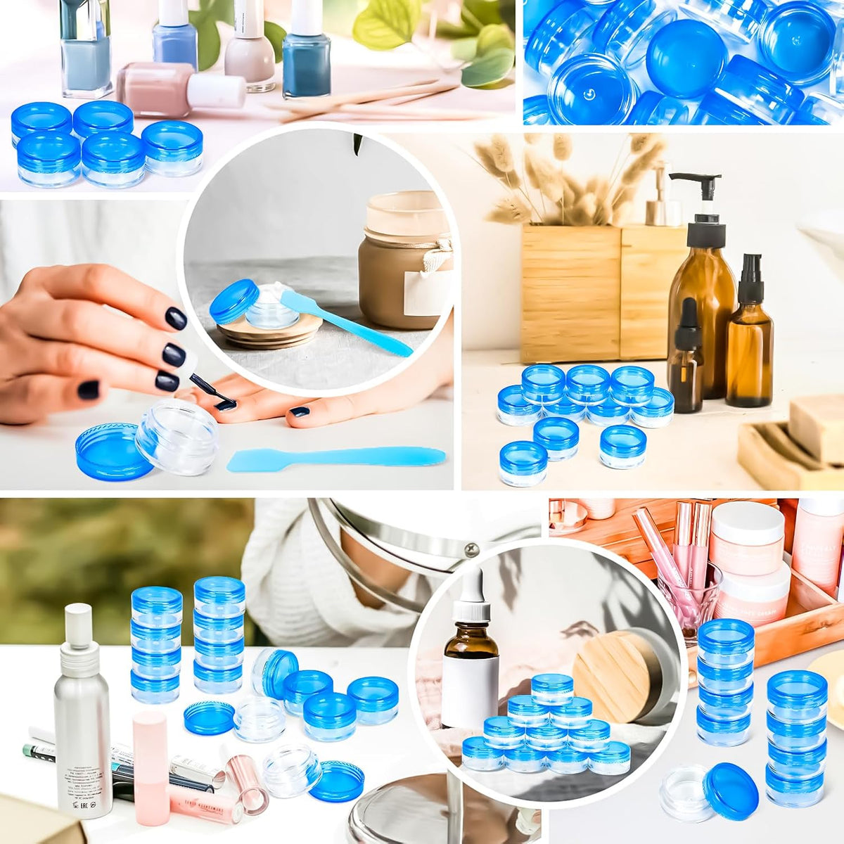 100 Pcs 5g Empty Plastic Containers with Blue Lids,Mini Makeup Sample Containers, Small Sample Pot Jars Round Cosmetic Jars with Mini Spatulas for Liquid Sample Powder Creams Lotions