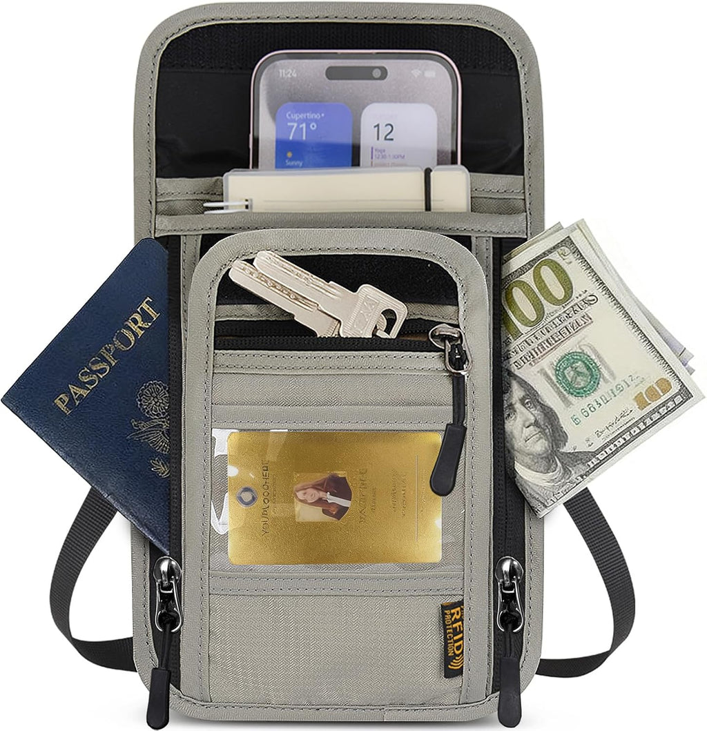 Travel Neck Wallet RFID Blocking – Hidden Passport Holder & Anti-Theft Money Pouch for Men & Women, Lightweight Concealed Undergarment Organizer with Adjustable Strap, Secure Document Holder