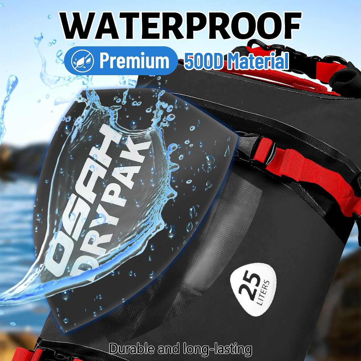OSAH DRYPAK 25L Waterproof Dry Bag - Motorcycle Luggage Tail Bag with Straps for Back Seat, Roll Top Lightweight Waterproof Backpack Sack for Travel, Swimming, Boating, Kayaking, Camping and Beach