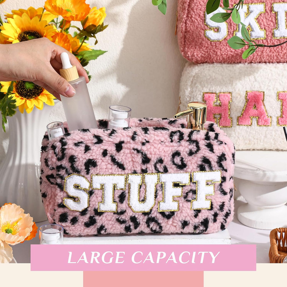 Paterr 4 Pcs Preppy Makeup Bags Chenille Letter Patches, Pink Colors