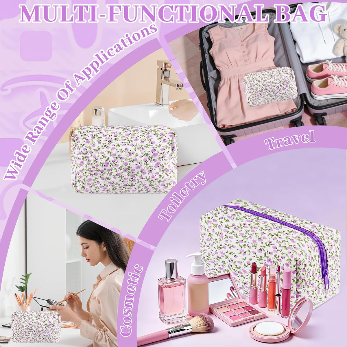 URSKYTOUS Quilted Makeup Bag Floral Large Cosmetic Bag Cotton Puffy Makeup Organizer Coquette Cute Travel Makeup Pouch Kawaii Aesthetic Portable Toiletry Storage Bag for Women Girls (Purple)