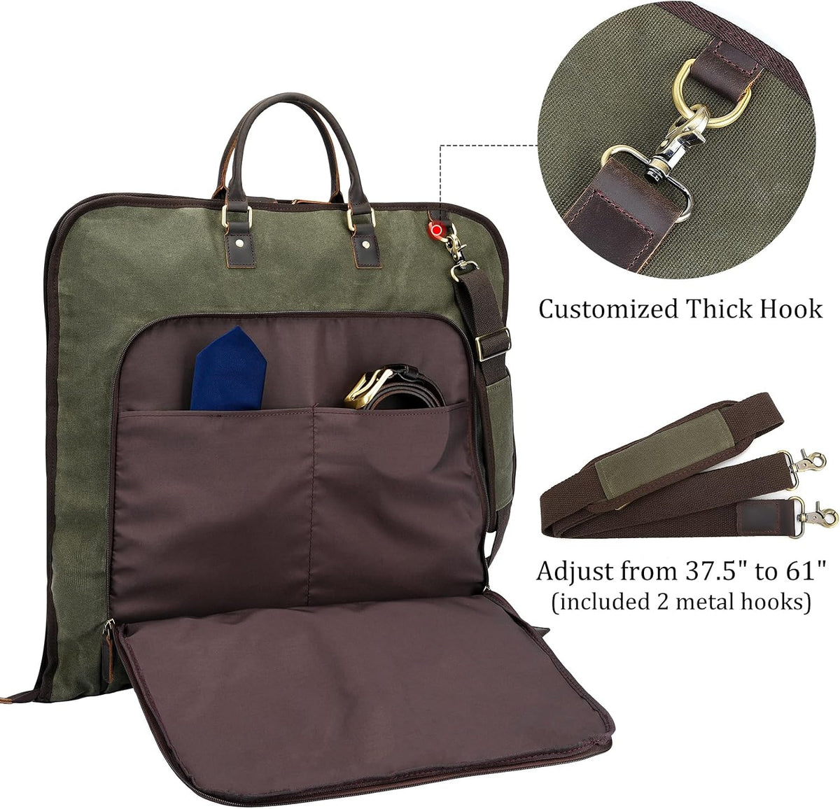 Polare Waxed Canvas Full Grain Leather Trim Garment Carry On Bag for Travel, Foldable Hanging Suitcase Weekender Dust-Proof Garment Waterproof Cover with YKK Zipper and Adjustable Strap (Army Green)