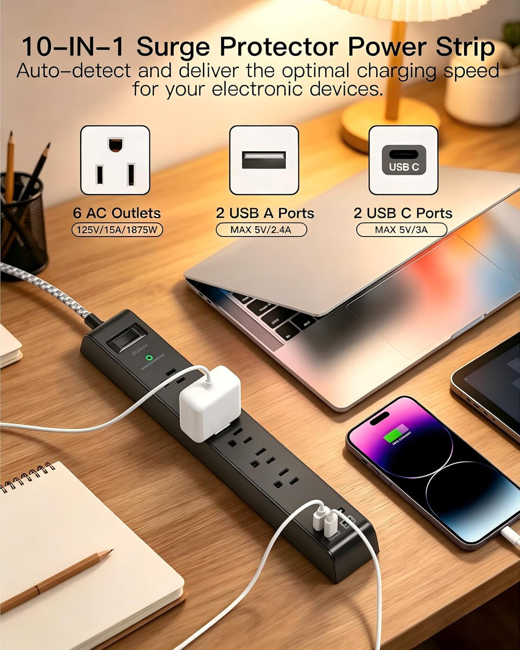 Surge Protector Power Strip 5FT, 10-in-1 with 6 AC Outlets 4 USB Ports(2 USB-C), Ultra Flat Plug Braided Extension Cord, Wall Mountable, 1080J Surge Protection, Black