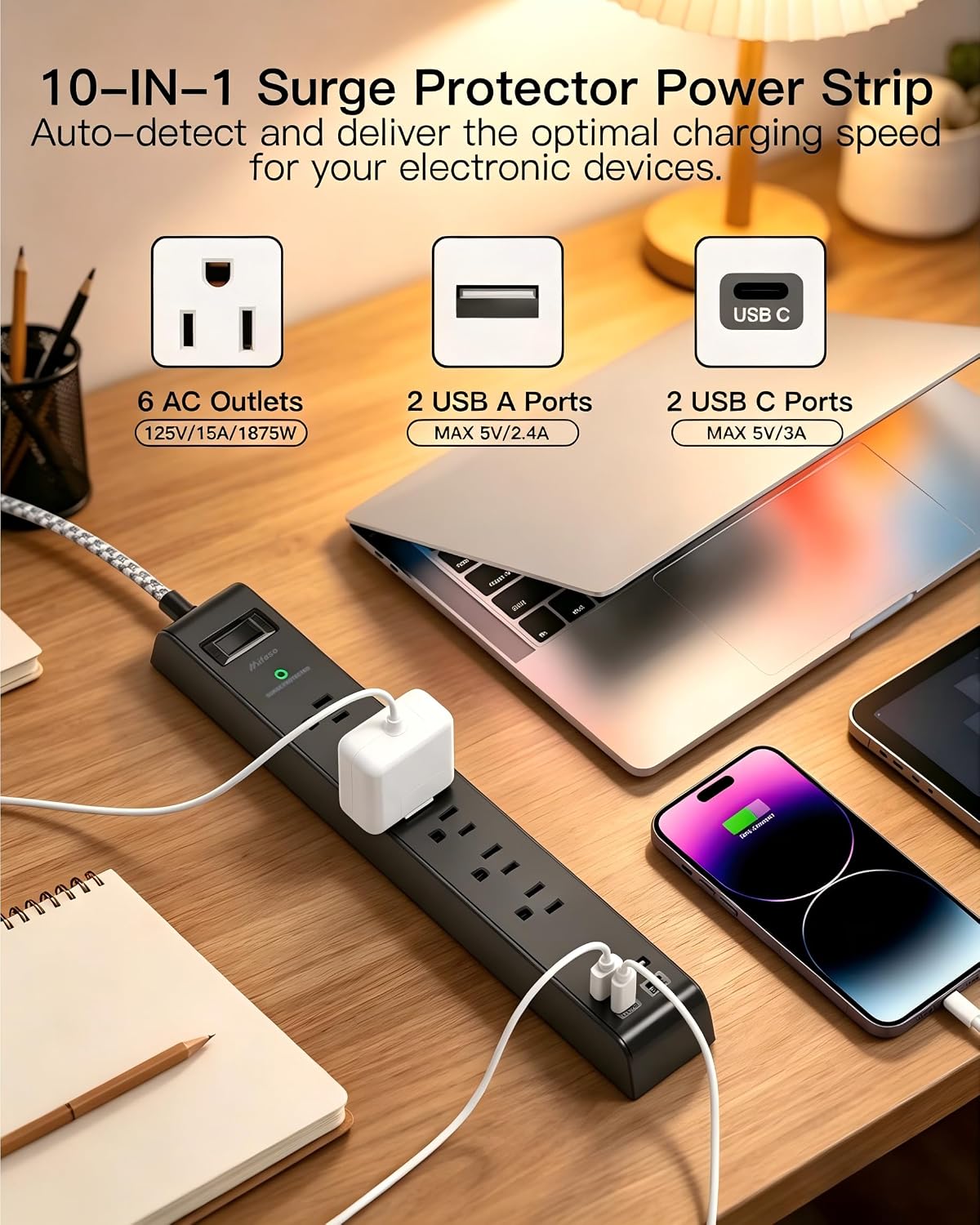 Surge Protector Power Strip 5FT, 10-in-1 with 6 AC Outlets 4 USB Ports(2 USB-C), Ultra Flat Plug Braided Extension Cord, Wall Mountable, 1080J Surge Protection, Black