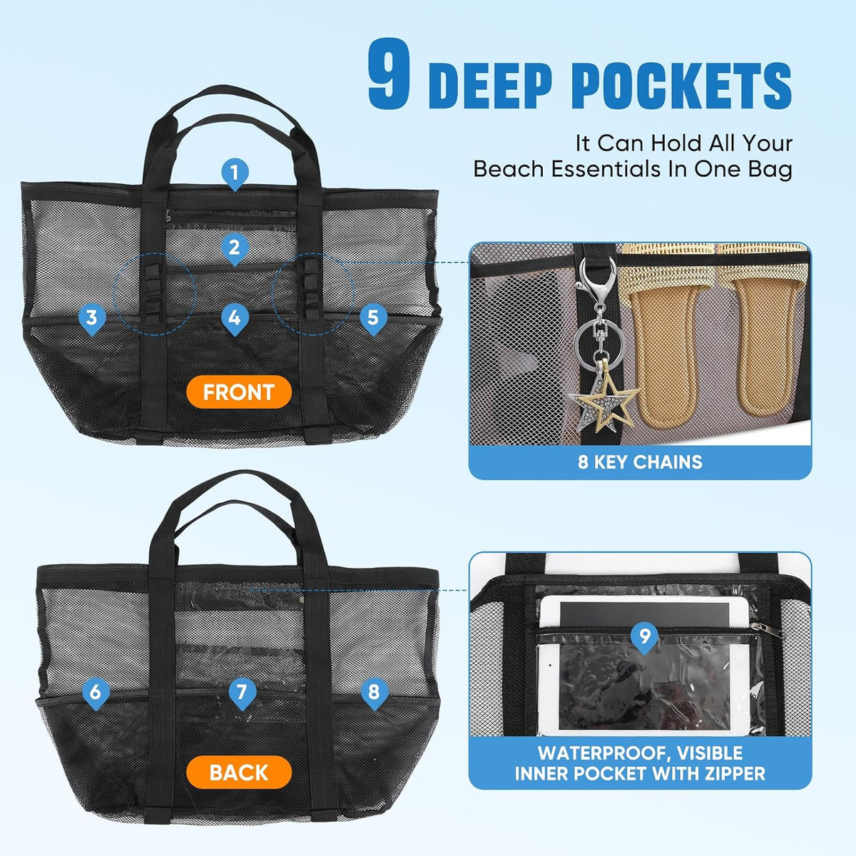 Large Mesh Beach Bag for Women, Sandproof 9-Pocket Beach Tote Bag, Quick-Drying Pool Bag for Travel Vacation