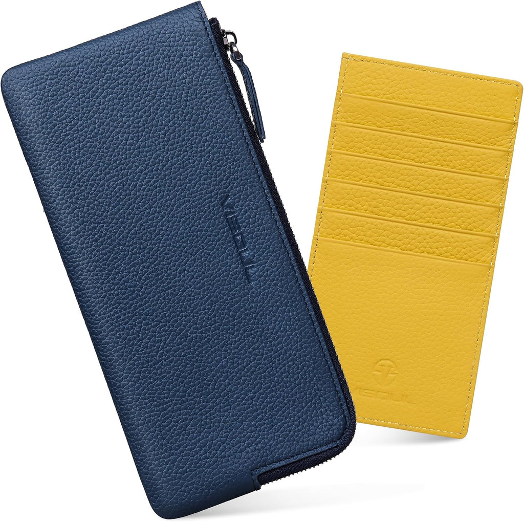 VISOUL Long Zipper Cash Wallet for Women with Removable Credit Card Holder Soft Genuine Pebbled Leather Contrast Color-Blue and Yellow