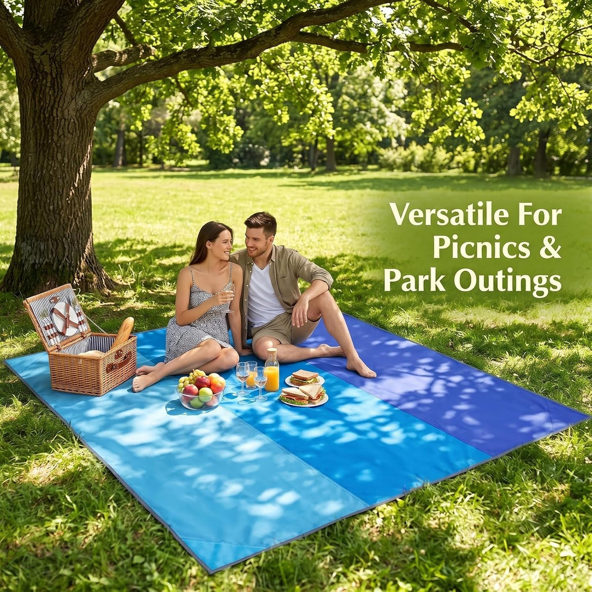 1 Pack Large Waterproof Sandproof Beach & Picnic Blanket, Tri-Color Gradient Polyester Mat, Complete Windproof Anchoring Kit, Lightweight Foldable Camping Gear, Essential Outdoor Accessory