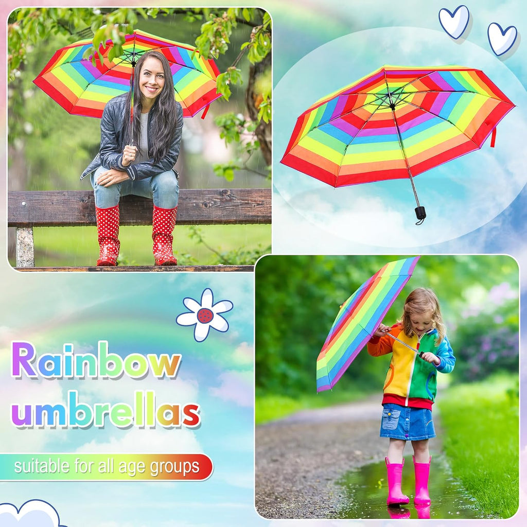 12 Pc Rainbow Umbrella Portable Tri Folded Pride Umbrella Windproof Compact Rain Parasol for Travel Beach Wedding Party