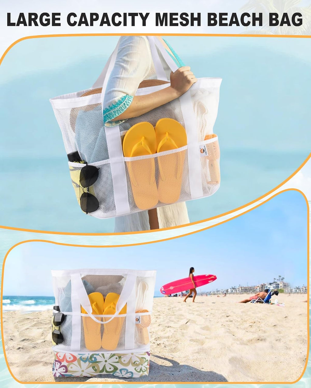 CaCTOUR Beach Bag with Cooler Compartment,Mesh Beach Bag Dry Wet Detachable with Zipper Pockets,Waterproof Sandproof Pool Bag