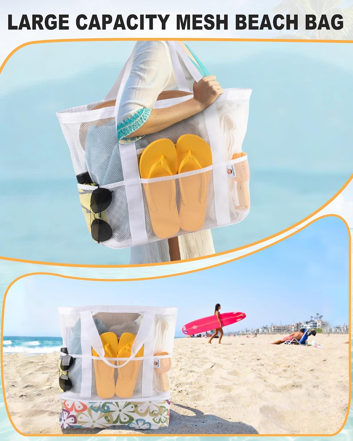 CaCTOUR Beach Bag with Cooler Compartment,Mesh Beach Bag Dry Wet Detachable with Zipper Pockets,Waterproof Sandproof Pool Bag