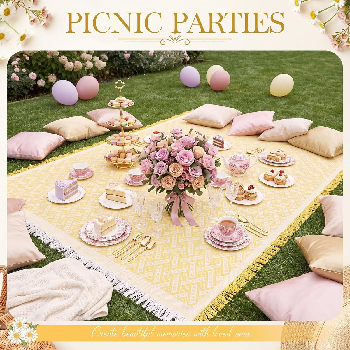 1 Pack White Yellow Extra Large Picnic Blanket, 71 x 91 Inches