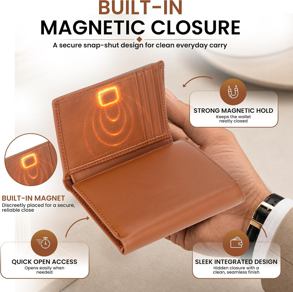 RFID Trifold Wallet for Men Genuine Napa Leather, Magnetic Closure
