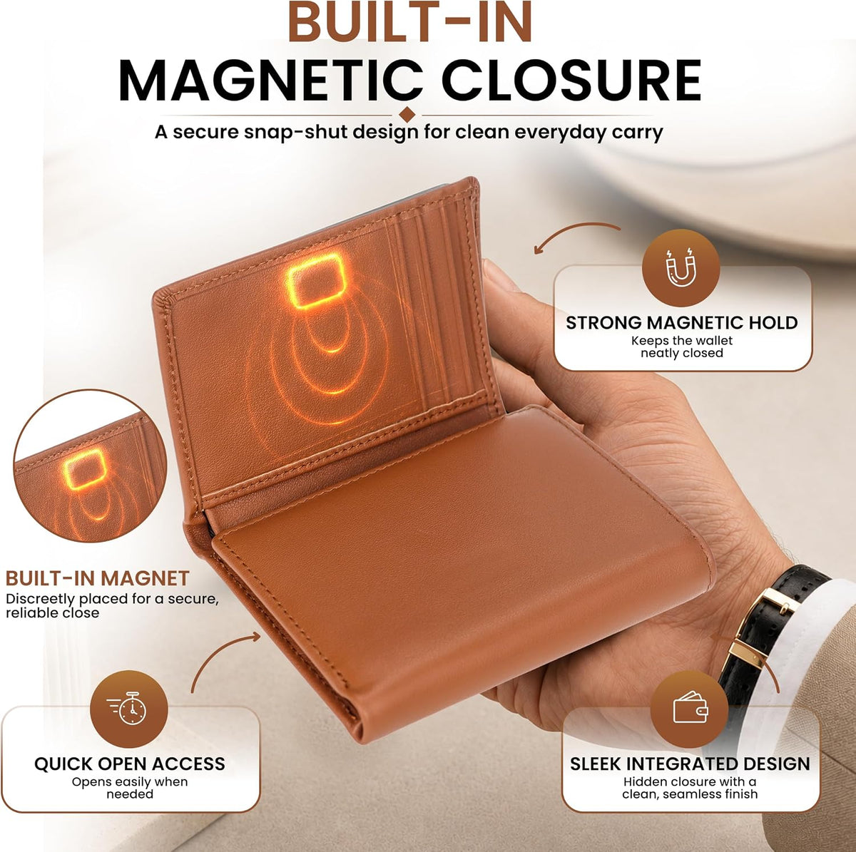 RFID Trifold Wallet for Men Genuine Napa Leather, Magnetic Closure