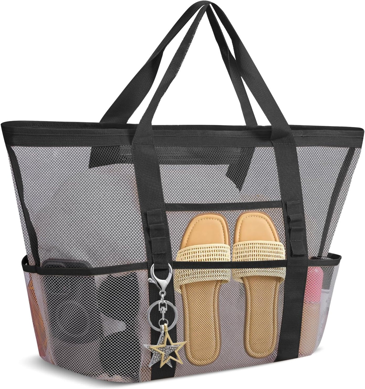 Large Mesh Beach Bag for Women, Sandproof 9-Pocket Beach Tote Bag, Quick-Drying Pool Bag for Travel Vacation