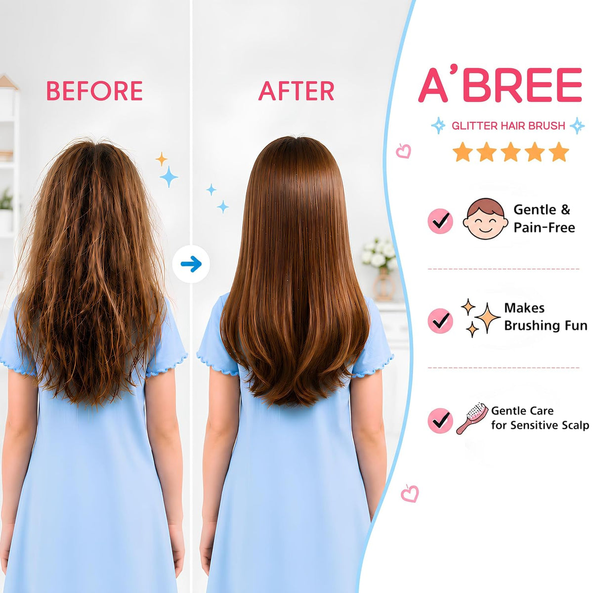 A'BREE Mini Glitter Detangling Hair Brush for Kids Girls Women – Gentle Wet and Dry Hairbrush, Travel Sized Tangle Free Knot Tamer for Toddler, Adorable Character Glitter Design (Ruby Red)
