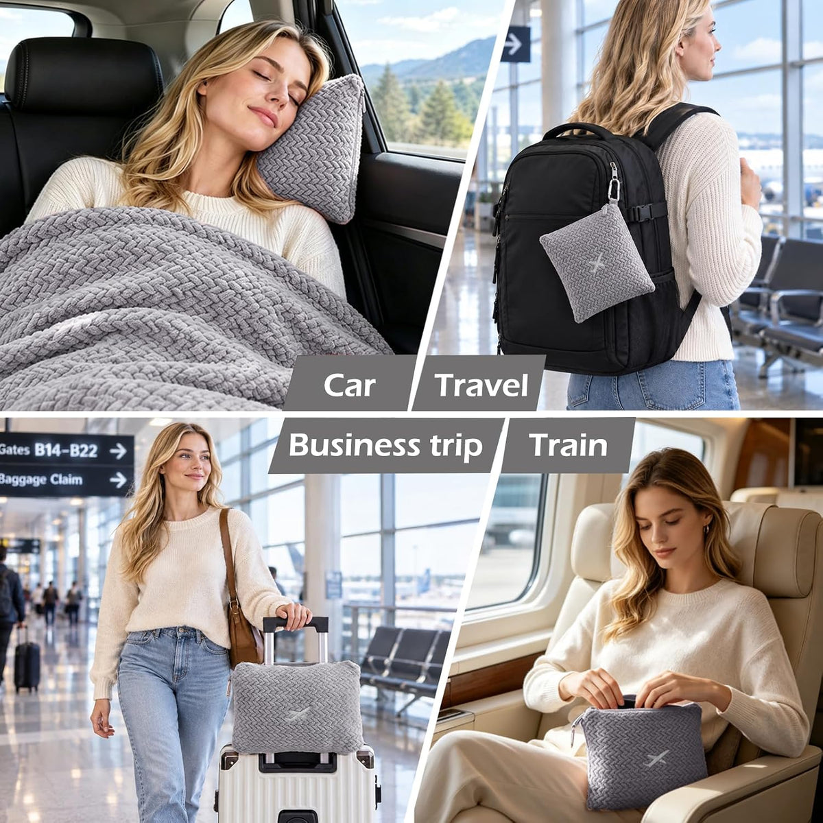 NEWCOSPLAY Travel Blanket with Storage Bag for Airplane Travel, Light Grey