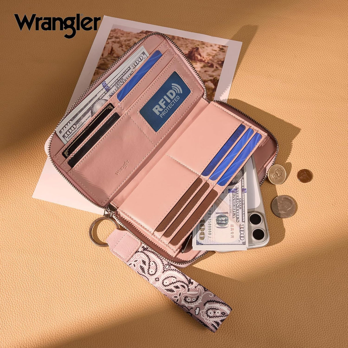 Montana West Wrangler Western Paisley Wristlet Wallet for Women, PU Leather Zip Around Clutch with RFID Blocking & Coin Pocket