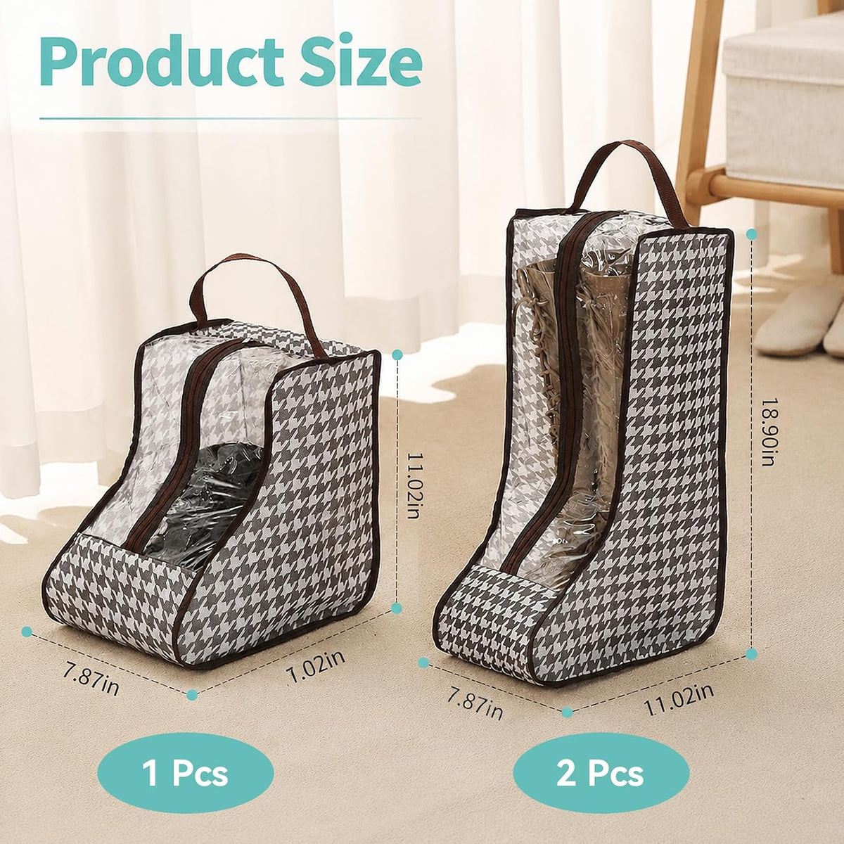 Tall Boot Storage Bag Organizer for Closet and Travel, Portable Dustproof Bags for Cowboy (3 Pcs Grey Houndstooth Short & Long Boot)