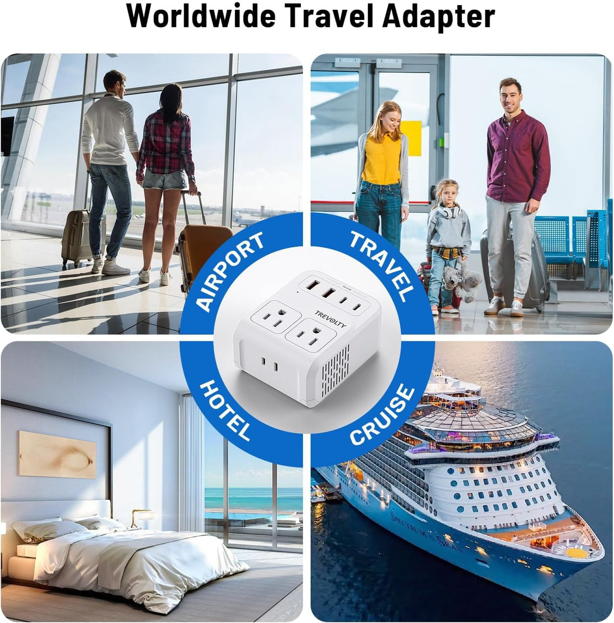 2000W European Travel Plug Adapter with 3 AC & 4 USB Ports, Universal Travel Adapter with Type A B C E/F G I (White)